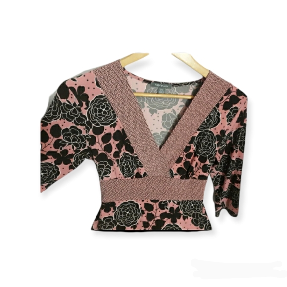 Womens small petite Floral fit & flair 3/4" sleeve Dress vneck tie back - Picture 3 of 6